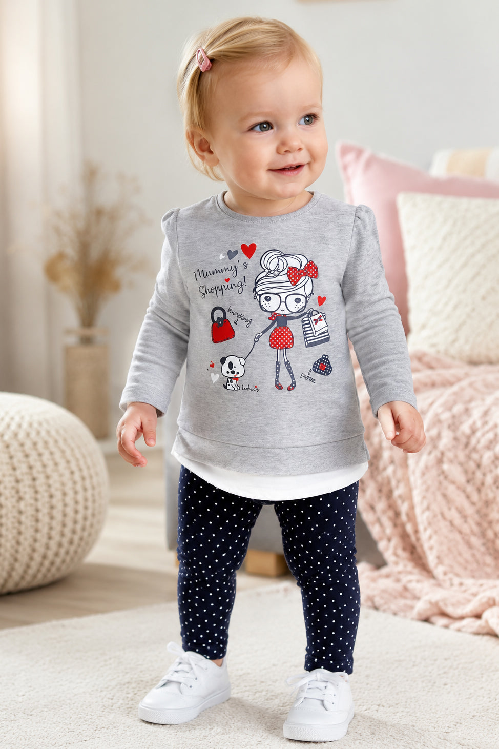 Completo: maglia in cotone elasticizzato con stampa inserto finta camicia sul fondo e leggings elasticizzato effetto jeans a pois