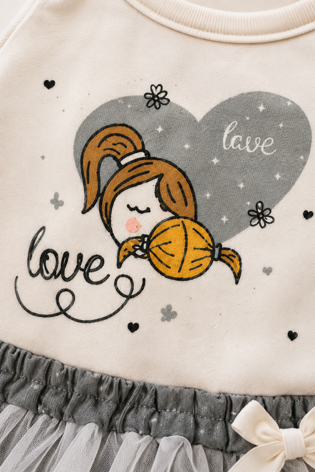 Completo 2 pezzi: T-shirt in cotone elasticizzato garzato con stampa - gonnellina tulle