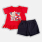 Completo 2 pezzi t-shirt mezza manica in cotone elasticizzato con stampa e balza + pantaloncino in contrasto