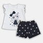 Completo 2 pezzi: t-shirt mezza manica in cotone con stampa, maniche raglan con profilo in contrasto e pantaloncino in cotone elasticizzato fantasia cuori