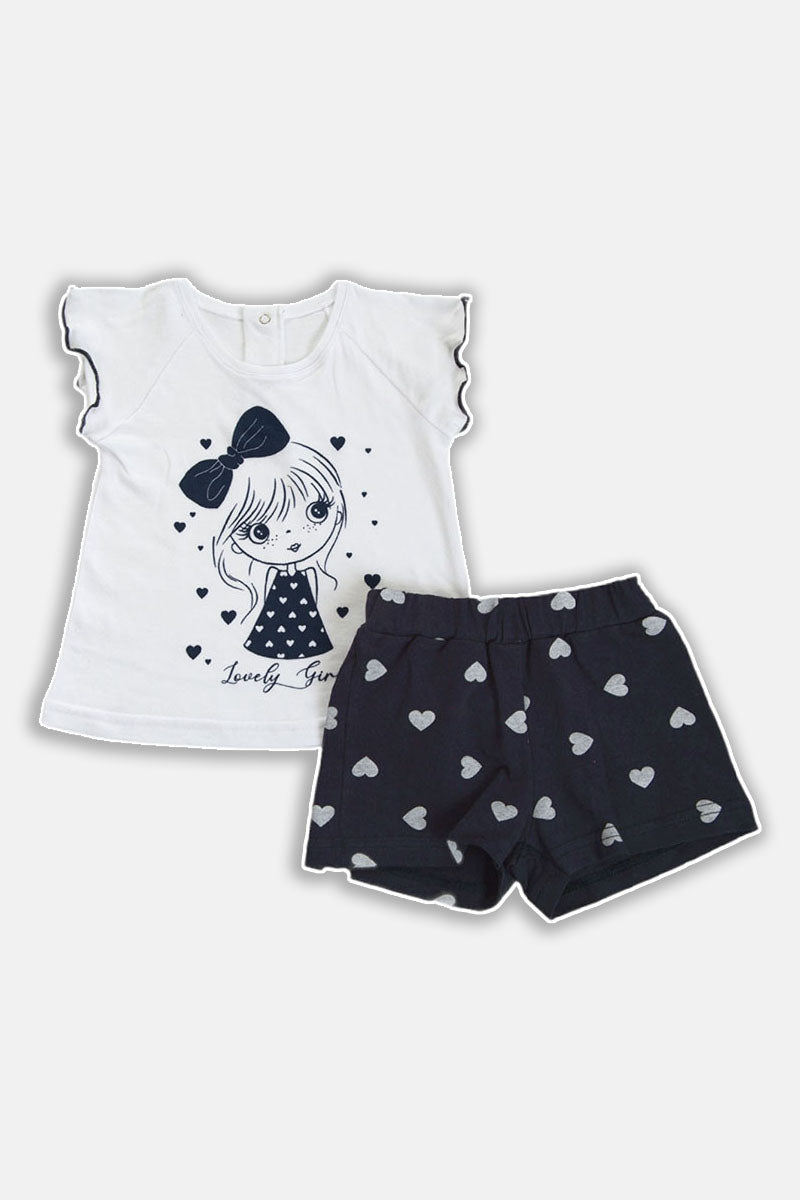 Completo 2 pezzi: t-shirt mezza manica in cotone con stampa, maniche raglan con profilo in contrasto e pantaloncino in cotone elasticizzato fantasia cuori