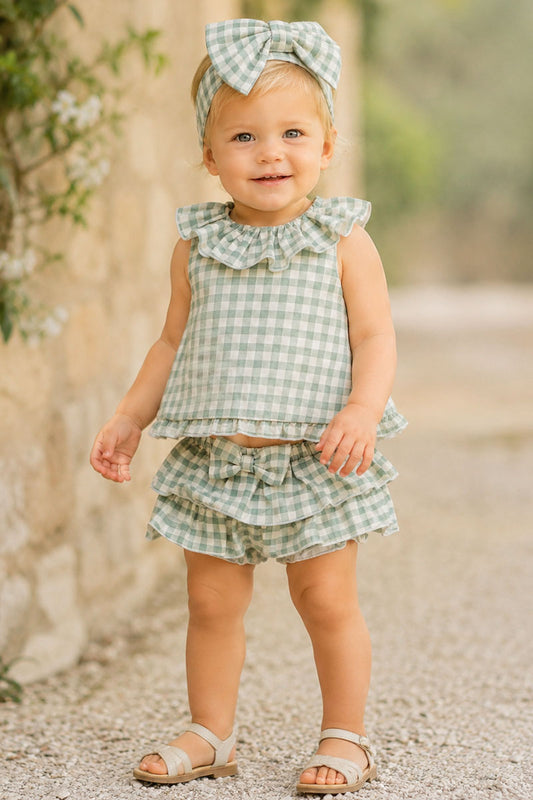 Completo 2 pezzi neonata di cotone organico fantasia vichy con short gonnellina con balza