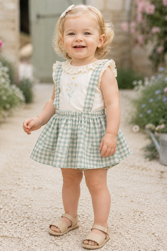 T-shirt neonata in cotone organico con  stampa e alette con balza sullo scollo