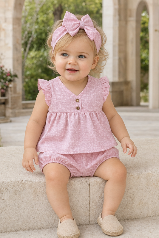 Completo 2 pezzi neonata di cotone organico fantasia micro pois + pantaloncino a palloncino