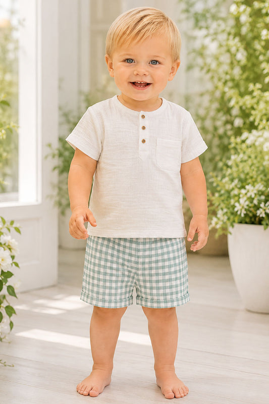 Completo 2 pezzi in cotone organico - camicia in mussola e bermuda con cavallo basso