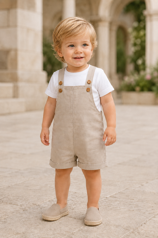 Salopette a pantaloncino in lino con bretelle