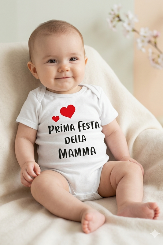 Body mezza manica in cotone con stampa "Prima festa della mamma"