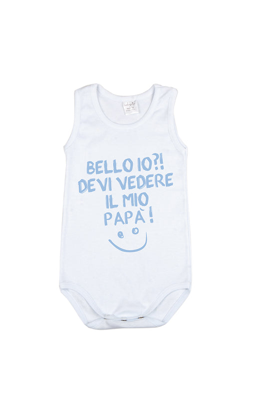 Body spalla larga in cotone con stampa "Bello io?! Devi vedere il mio papà!"
