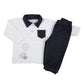 Completo: polo in bielastico garzato con inserti in tessuto jeans + pantalone in tessuto jeans