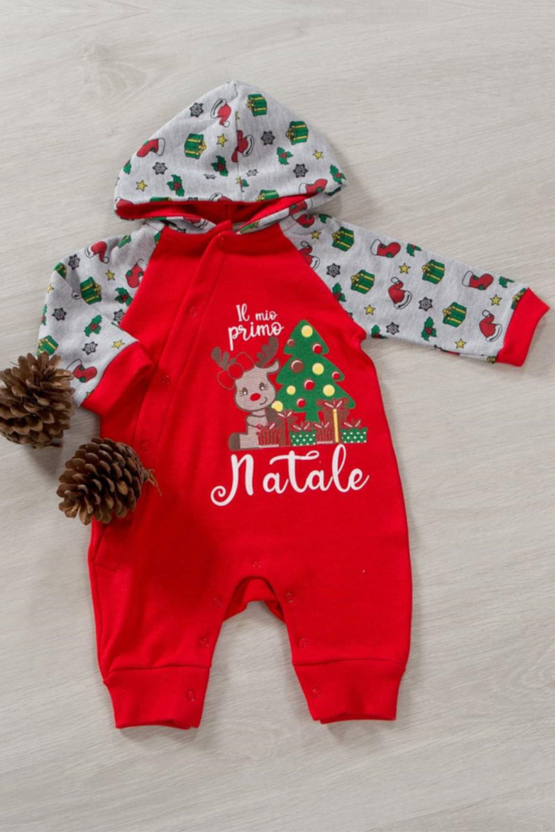 Tutone neonata/o in caldo cotone con stampa maniche raglan e cappuccio