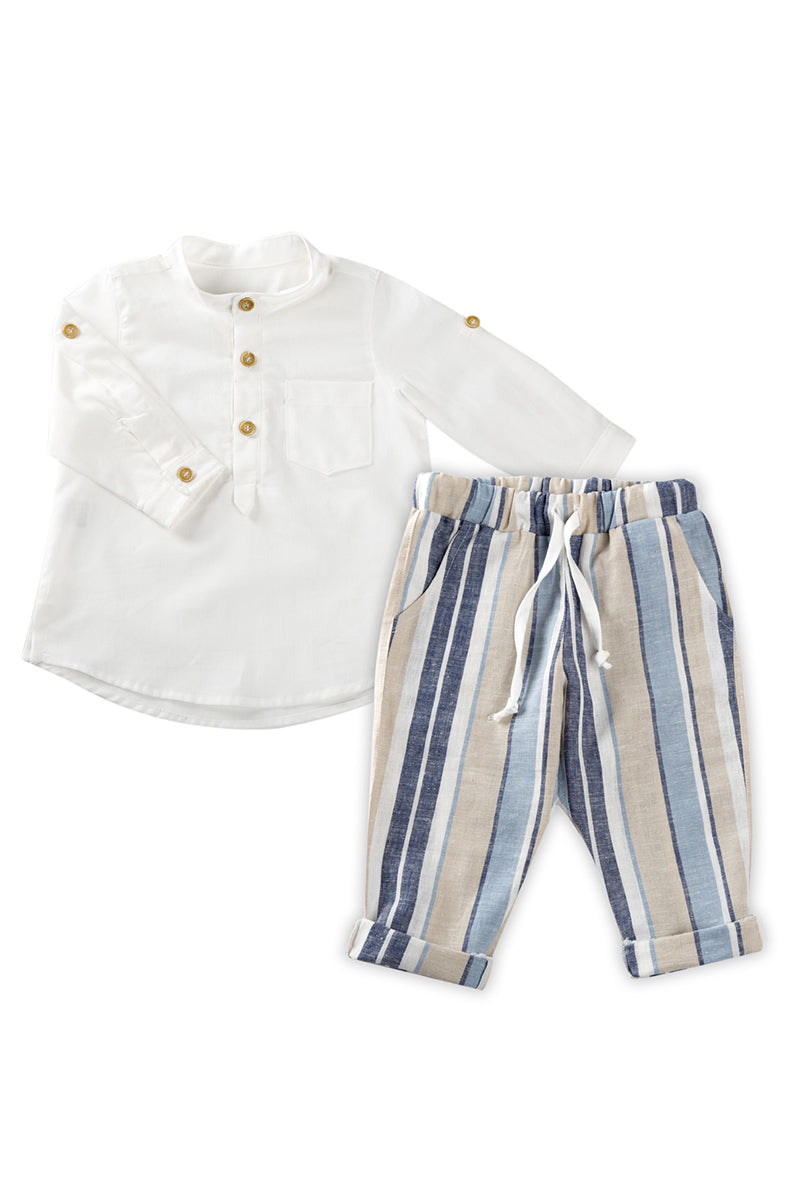 Completo 2 pezzi: camicia in tela di cotone con collo coreana, fenda e pantalone in lino con cavallo basso, tasche e coulisse
