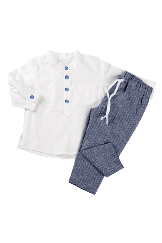 Completo 2 pezzi: camicia coreana m/l e pantalone in tela di cotone effetto lino rigato.