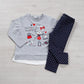 Completo: maglia in cotone elasticizzato con stampa inserto finta camicia sul fondo e leggings elasticizzato effetto jeans a pois