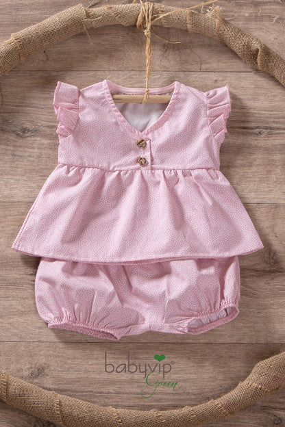 Completo 2 pezzi neonata di cotone organico fantasia micro pois + pantaloncino a palloncino