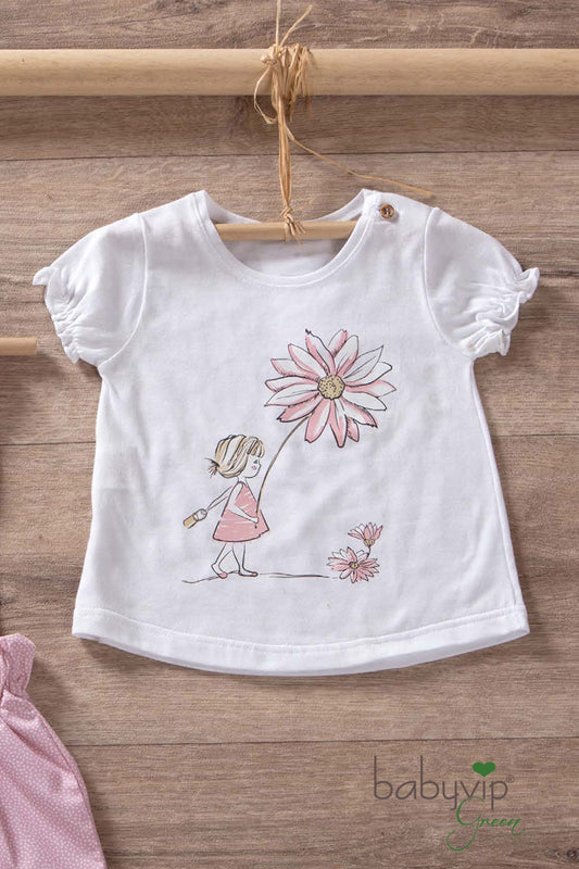 T-shirt neonata in cotone organico con maniche a palloncino e stampa